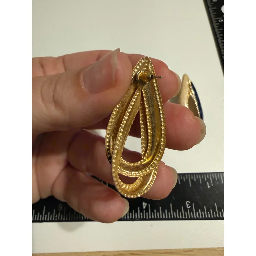 Vintage Navy Blue Cream Enamel Gold Tone Double Teardrop Dangle Post Earrings